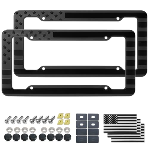 Aootf American Flag License Plate Frames Black Plastic USA Flag Car Tag Holder with Screws Caps and Patriotic Decals2 Pack Rustproof Frames for Front Rear - Image 1