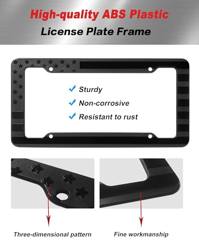 Aootf American Flag License Plate Frames Black Plastic USA Flag Car Tag Holder with Screws Caps and Patriotic Decals2 Pack Rustproof Frames for Front Rear - Image 3