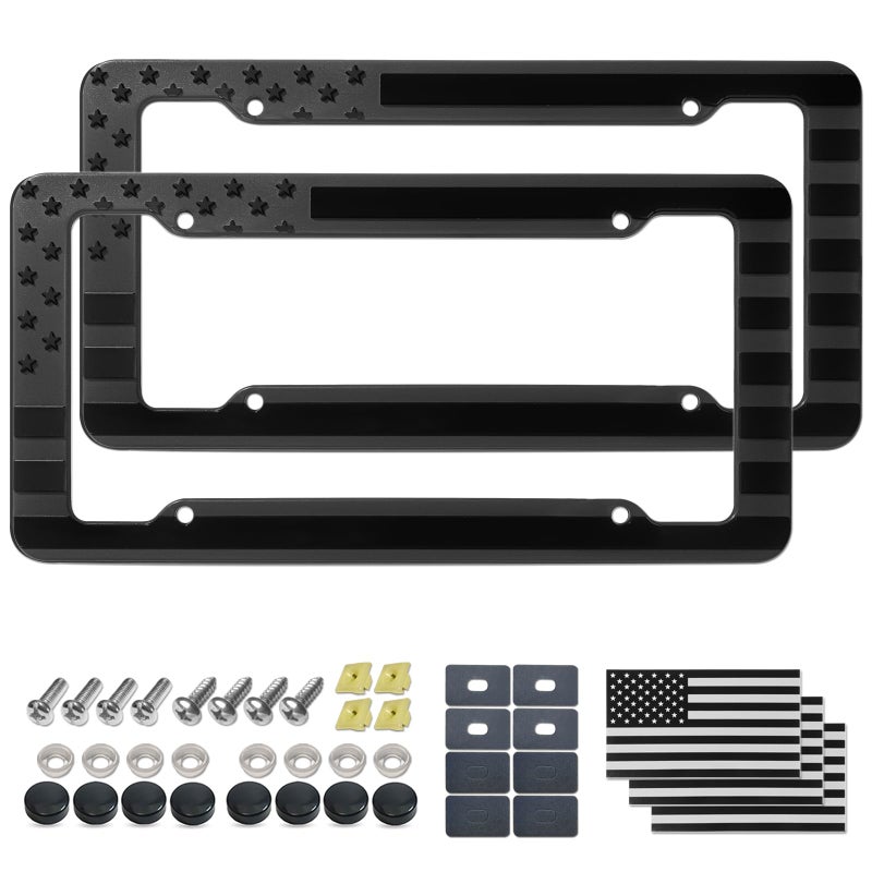 Aootf American Flag License Plate Frames Black Plastic USA Flag Car Tag Holder with Screws Caps and Patriotic Decals2 Pack Rustproof Frames for Front Rear - Image 2