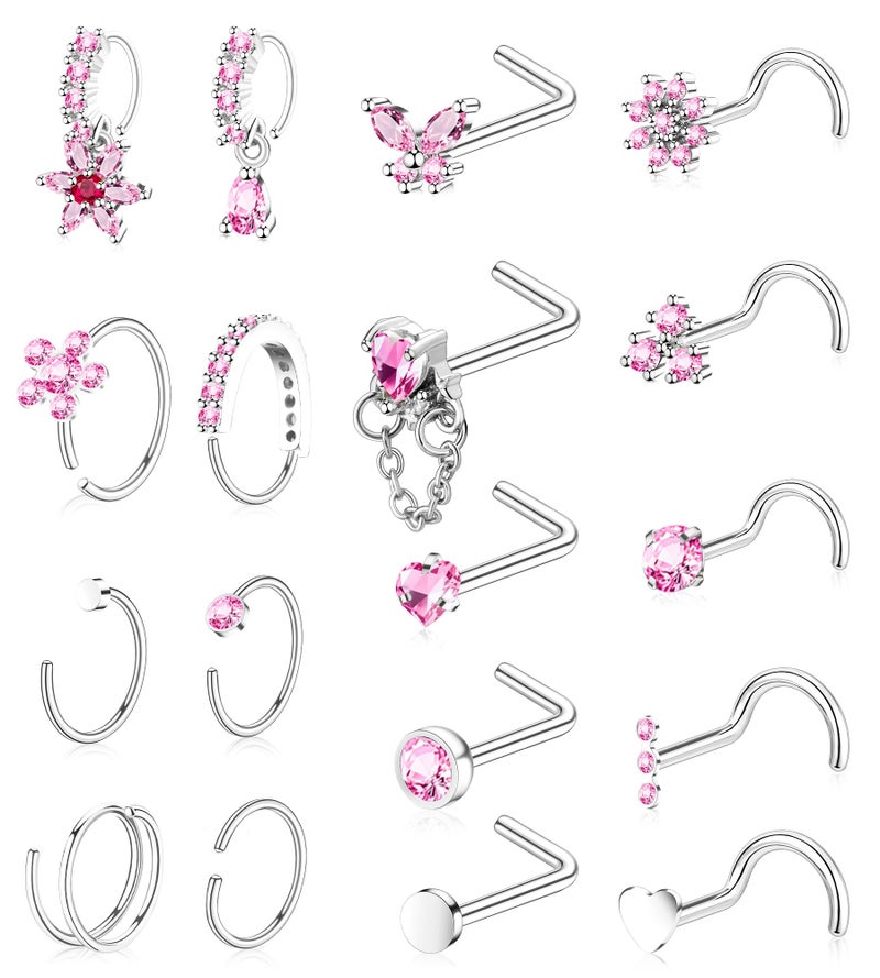 BSJ4U Silver Nose Rings for Women Men Stainless Steel Hypoallergenic Nose Piercing Jewelry 20G L Shaped Corkscrew Nose Rings Hoops Heart Butterfly Flower Pink CZ Nose Studs - Image 1