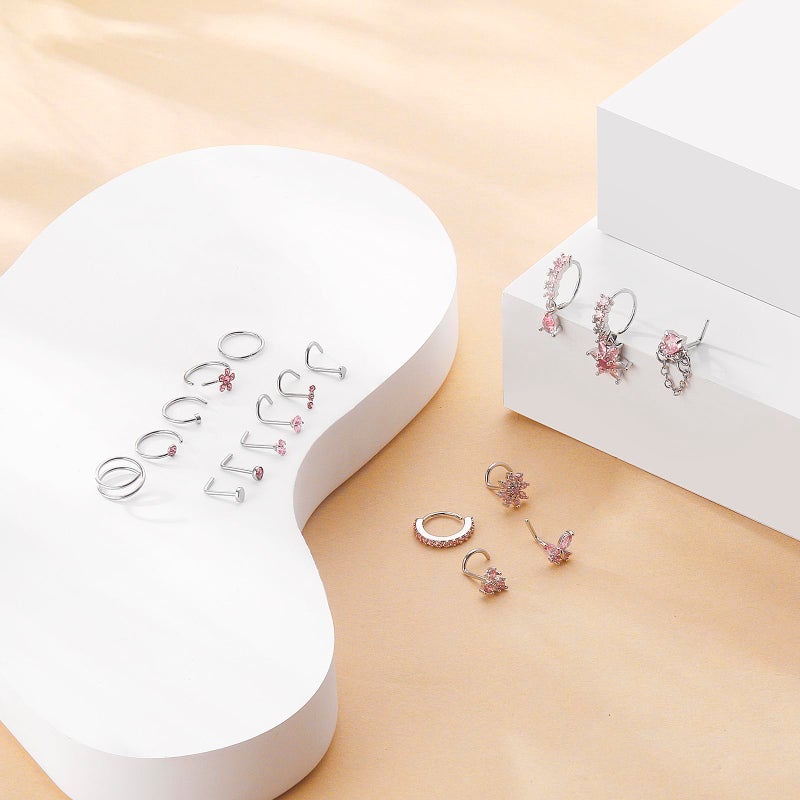 BSJ4U Silver Nose Rings for Women Men Stainless Steel Hypoallergenic Nose Piercing Jewelry 20G L Shaped Corkscrew Nose Rings Hoops Heart Butterfly Flower Pink CZ Nose Studs - Image 2