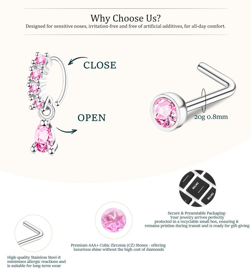 BSJ4U Silver Nose Rings for Women Men Stainless Steel Hypoallergenic Nose Piercing Jewelry 20G L Shaped Corkscrew Nose Rings Hoops Heart Butterfly Flower Pink CZ Nose Studs - Image 3