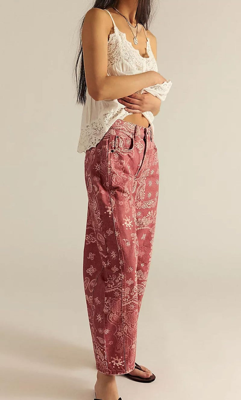 loveimgs Women Boyfriend Baggy Barrel Jeans Floral Print Denim Ankle Pants Wide Leg Mid Rise Jeans Sweatpants Y2k Patchwork (Small,Rose red) - Image 5