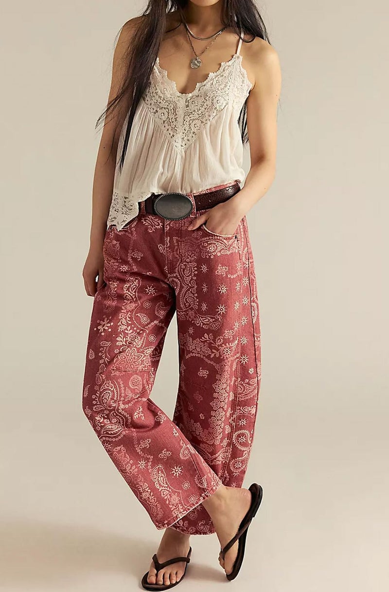 loveimgs Women Boyfriend Baggy Barrel Jeans Floral Print Denim Ankle Pants Wide Leg Mid Rise Jeans Sweatpants Y2k Patchwork (Small,Rose red) - Image 2