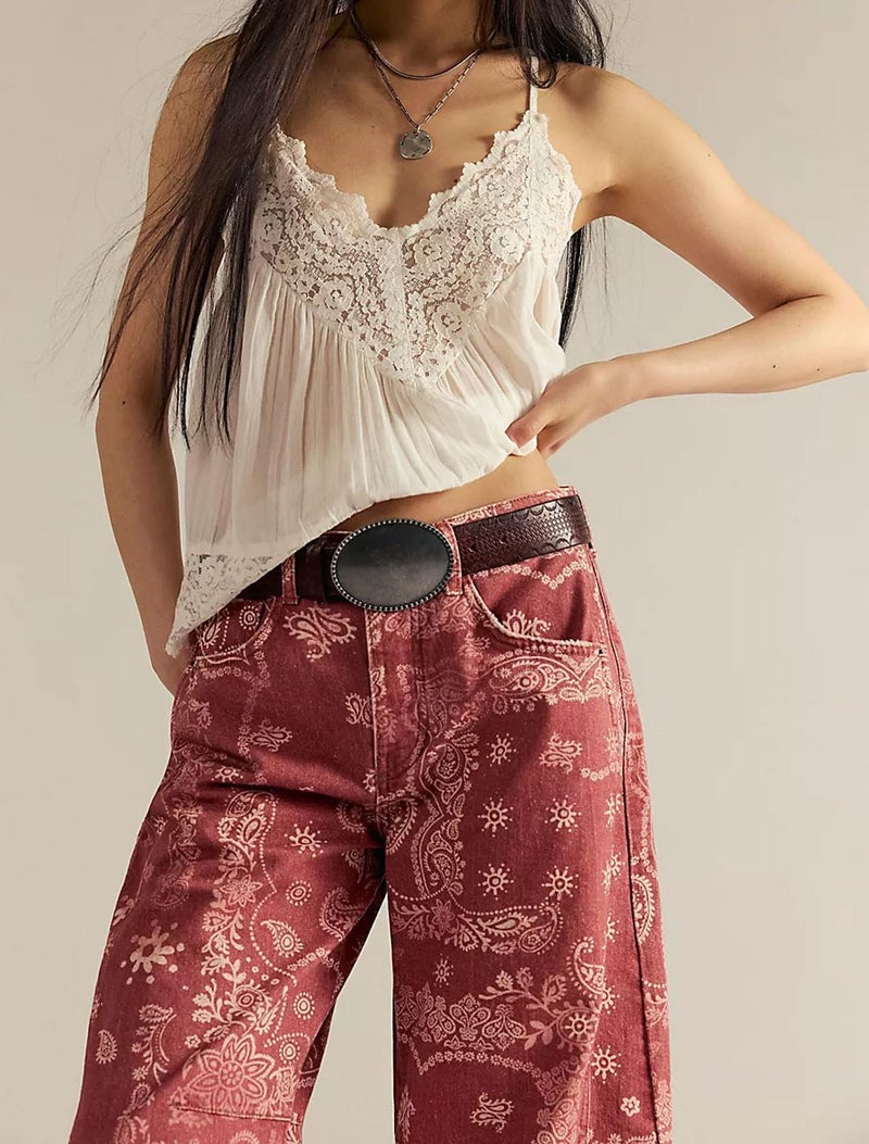 loveimgs Women Boyfriend Baggy Barrel Jeans Floral Print Denim Ankle Pants Wide Leg Mid Rise Jeans Sweatpants Y2k Patchwork (Small,Rose red) - Image 3