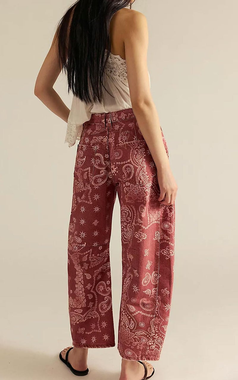 loveimgs Women Boyfriend Baggy Barrel Jeans Floral Print Denim Ankle Pants Wide Leg Mid Rise Jeans Sweatpants Y2k Patchwork (Small,Rose red) - Image 4