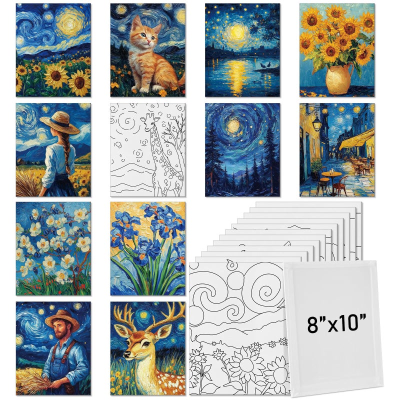 Tinlade 12 Pcs 7.9 x 9.8 Inch Pre Drawn Canvases for Painting Pre Stretched Canvas DIY Coloring Outline Painting Boards for Beginners Adults (Starry Style) - Image 1