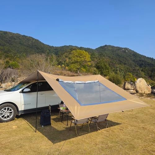 HipierFx 10x16 ft Car Side Awning with Pole Camping Tarp with Screen Window Car Tent for Cars Vans SUV Sun Shelter (Khaki) - Image 1