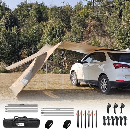 HipierFx 10x16 ft Car Side Awning with Pole Camping Tarp with Screen Window Car Tent for Cars Vans SUV Sun Shelter (Khaki) - Image 2