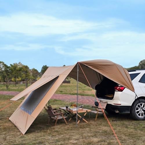 HipierFx 10x16 ft Car Side Awning with Pole Camping Tarp with Screen Window Car Tent for Cars Vans SUV Sun Shelter (Khaki) - Image 5