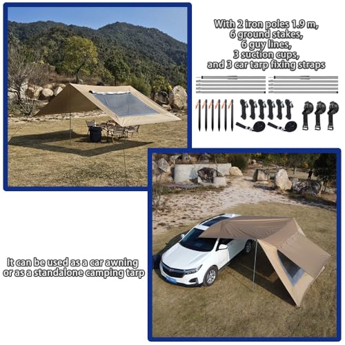 HipierFx 10x16 ft Car Side Awning with Pole Camping Tarp with Screen Window Car Tent for Cars Vans SUV Sun Shelter (Khaki) - Image 3
