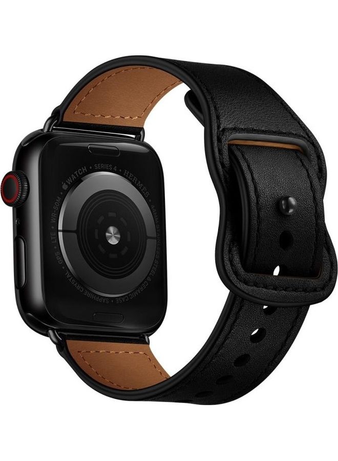 NIBEMINENT Double Hole Leather Watchband For Apple Watch Series 7/6/SE/5/4/3/2/1 45/44/42mm Black  - Image 2
