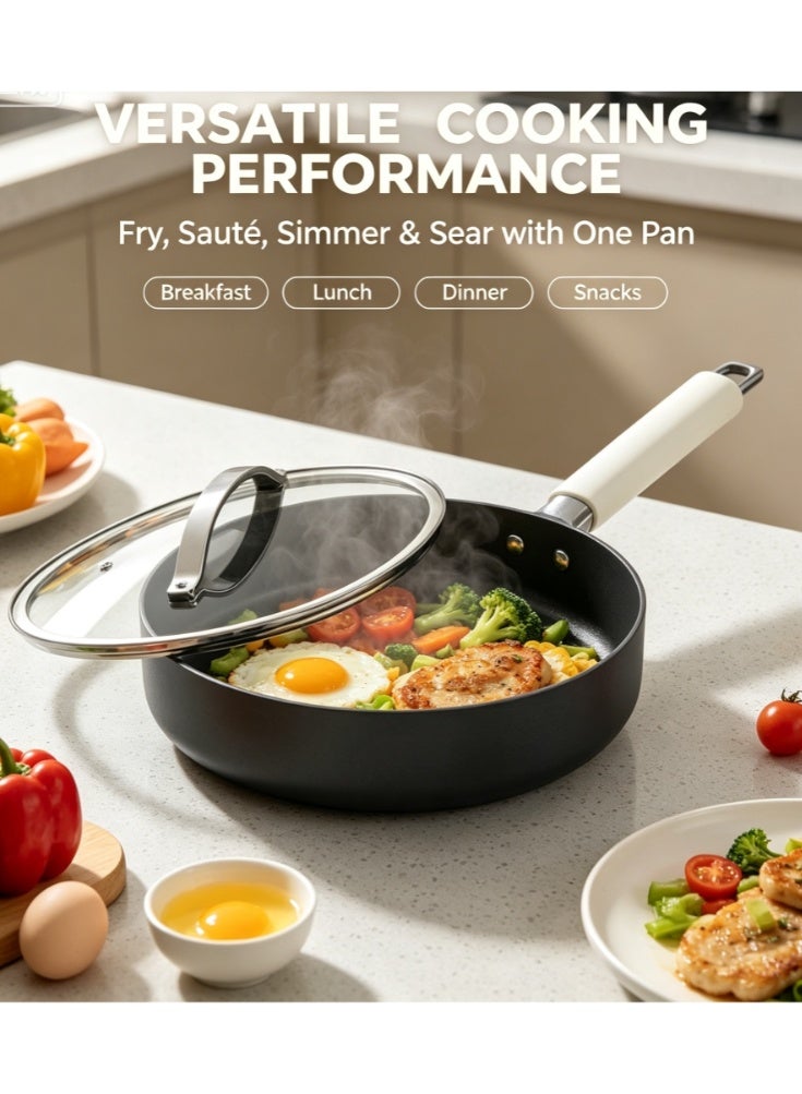 Non-Stick Deep Frying Pan with Tempered Glass Lid, Multi-Purpose Saute Skillet, Food-Grade Nonstick Coating, Even Heat Distribution, Dishwasher Safe, Compatible with Induction & Gas Stoves - Image 3