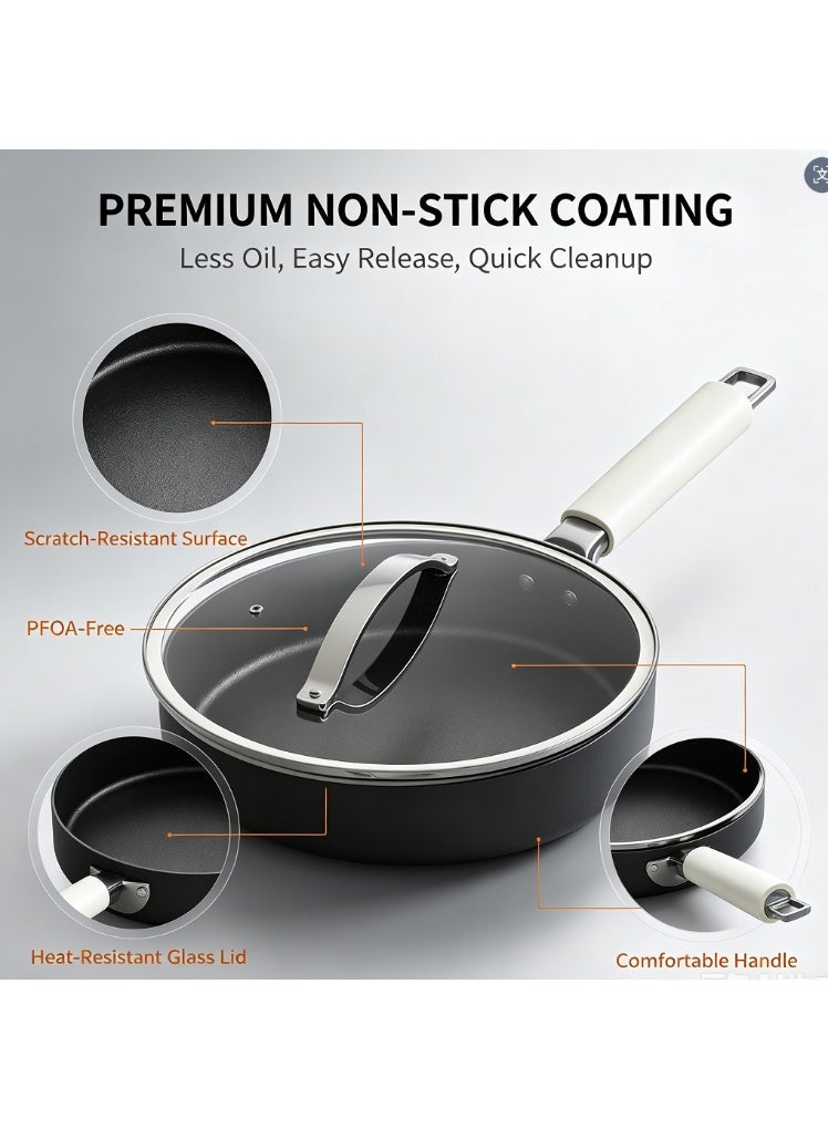 Non-Stick Deep Frying Pan with Tempered Glass Lid, Multi-Purpose Saute Skillet, Food-Grade Nonstick Coating, Even Heat Distribution, Dishwasher Safe, Compatible with Induction & Gas Stoves - Image 2