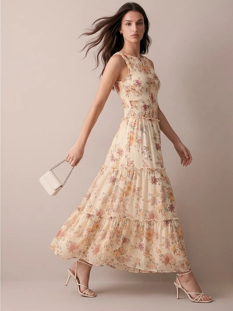 Outzidr pale yellow floral Multi Printed Maxi Dress for Women | Best Price UAE