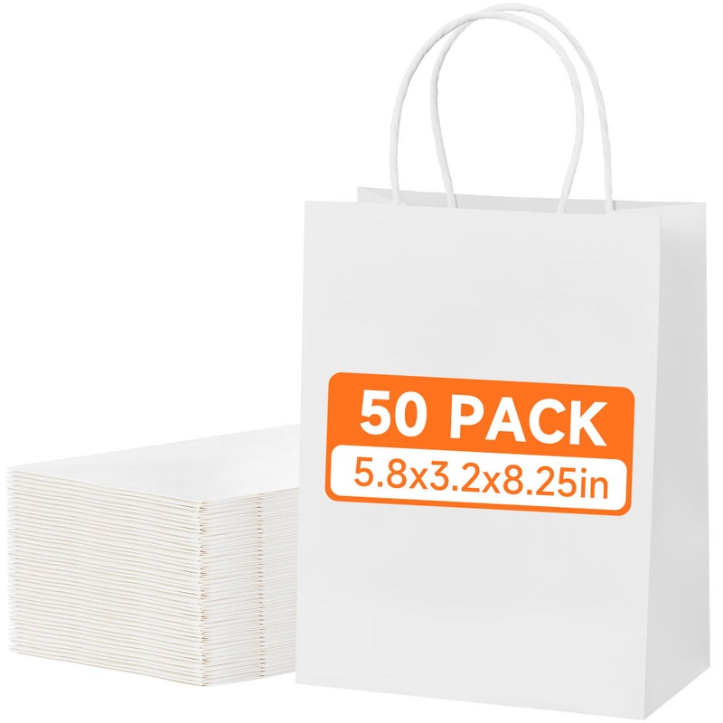 METAPRINT 50 Pack Small Gift Bags 58x32x825 Inch White Paper Bags with Handles Bulk Kraft Paper Bags for Party favor Retail Grocery Sacks