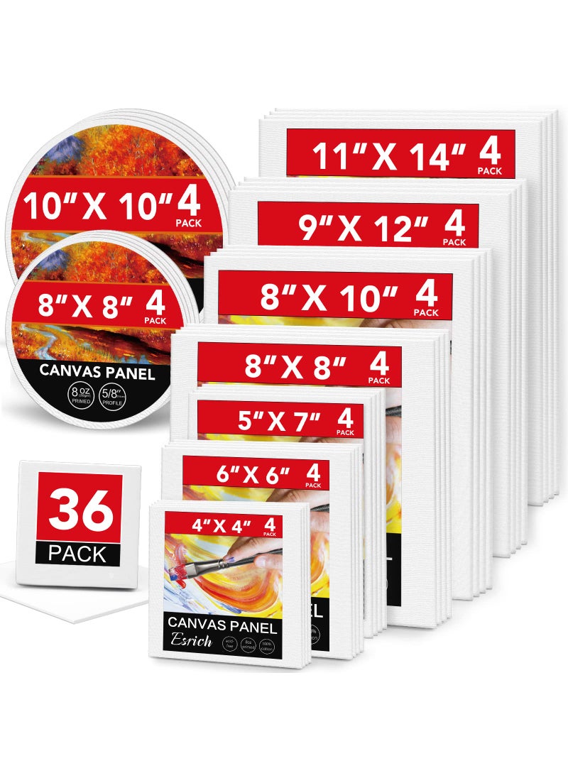ESRICH ESRICH Canvases for Painting 36 Pack Canvas Boards 4x4 6x6 8x8 5x7 8x10 9x12 11x14 Round Canvas Panels with 8x810x10Cotton Primed Blank Large Canvases for Acrylic Oil Gouache  Tempera 
