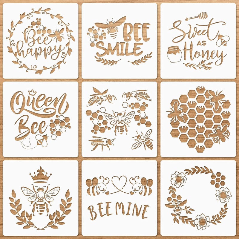 klarako 9 Pieces Bee Stencils for Painting on Wood, Honeycomb Theme Reusable Stencils, Honey Drawing Template for DIY Scrapbooking School Classroom Wall Floor Decor (8 x 8 Inch) - Image 1