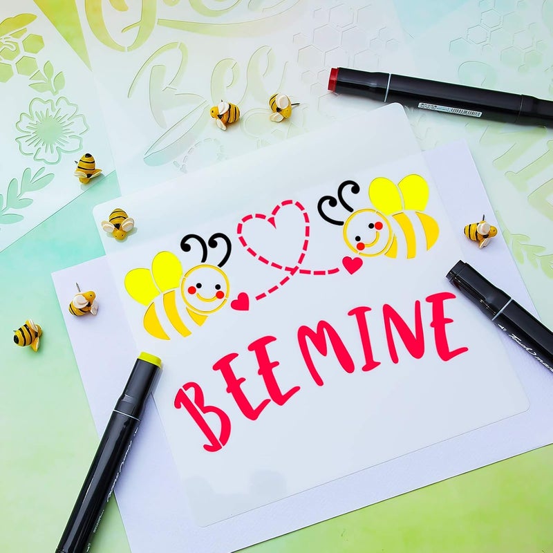 klarako 9 Pieces Bee Stencils for Painting on Wood, Honeycomb Theme Reusable Stencils, Honey Drawing Template for DIY Scrapbooking School Classroom Wall Floor Decor (8 x 8 Inch) - Image 5