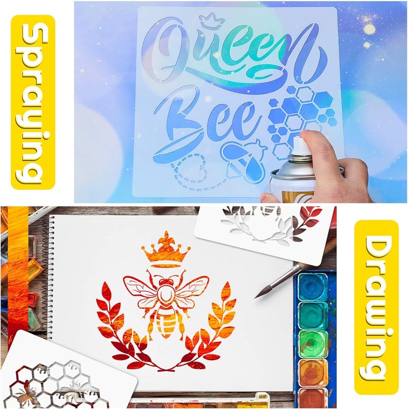 klarako 9 Pieces Bee Stencils for Painting on Wood, Honeycomb Theme Reusable Stencils, Honey Drawing Template for DIY Scrapbooking School Classroom Wall Floor Decor (8 x 8 Inch) - Image 3