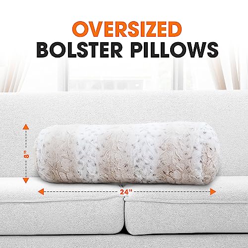 Cheer Collection Faux Fur Bolster Pillows Soft Decorative Cylinder Pillows for Bed or Couch Machine Washable 8 x 24 Set of 2 Snow Leopard - Image 3