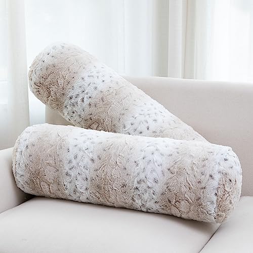 Cheer Collection Faux Fur Bolster Pillows Soft Decorative Cylinder Pillows for Bed or Couch Machine Washable 8 x 24 Set of 2 Snow Leopard - Image 1