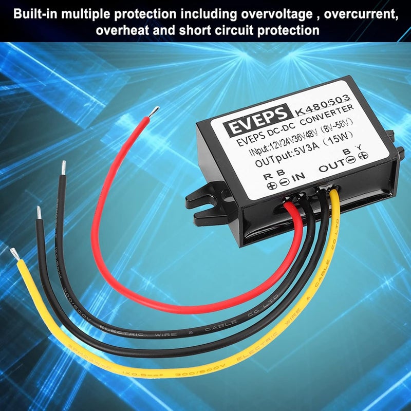 أكوزون محول الجهد المستمر، محول DC-DC 12V/24V/36V/48V إلى 5V 3A وحدة تحويل خفض الجهد لمصدر الطاقة - Image 3