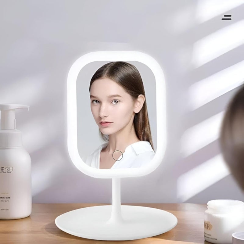 مرايا ديكور - مرآة مكياج أنيقة 2 في 1 مزودة بإضاءة LED، ملحقات دائرية، شحن USB، سطح مكتب ملون، دوارة، معتمة، متعددة الاستخدامات للمكياج والجمال