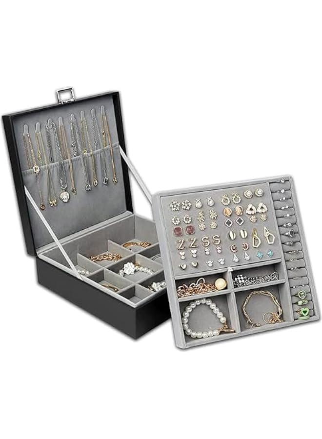 هوكور صندوق مجوهرات، صناديق مجوهرات للنساء والرجال من جلد البولي يوريثين، حقيبة تخزين منظم مجوهرات كبيرة من طبقتين مع قفل، للقلائد والاساور والاقراط والخواتم، صندوق منظم مجوهرات هدية مثالية، اسود - Image 1