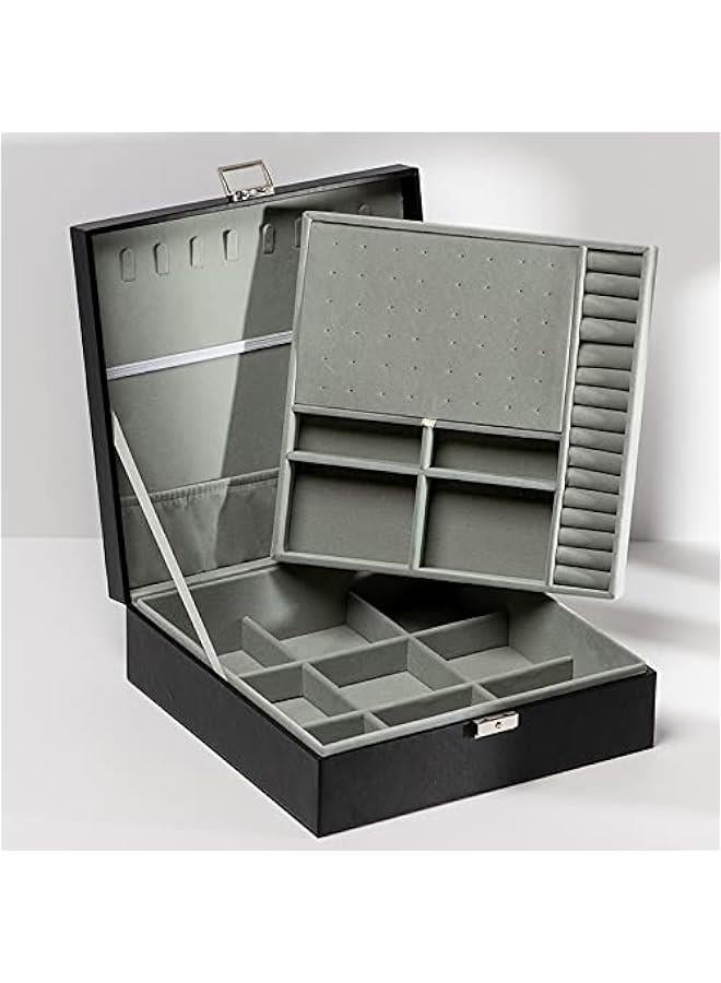 هوكور صندوق مجوهرات، صناديق مجوهرات للنساء والرجال من جلد البولي يوريثين، حقيبة تخزين منظم مجوهرات كبيرة من طبقتين مع قفل، للقلائد والاساور والاقراط والخواتم، صندوق منظم مجوهرات هدية مثالية، اسود - Image 2