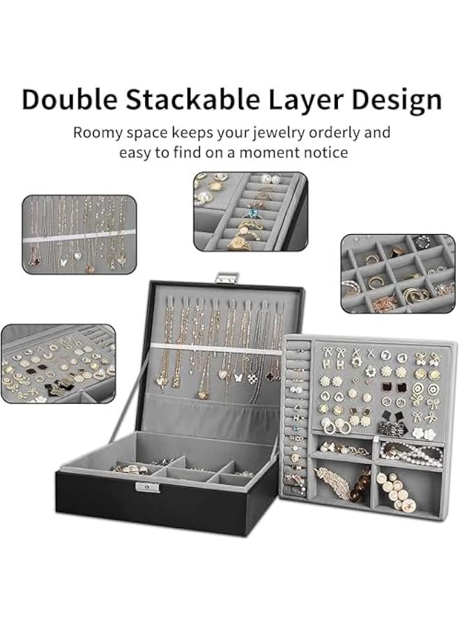 هوكور صندوق مجوهرات، صناديق مجوهرات للنساء والرجال من جلد البولي يوريثين، حقيبة تخزين منظم مجوهرات كبيرة من طبقتين مع قفل، للقلائد والاساور والاقراط والخواتم، صندوق منظم مجوهرات هدية مثالية، اسود - Image 3