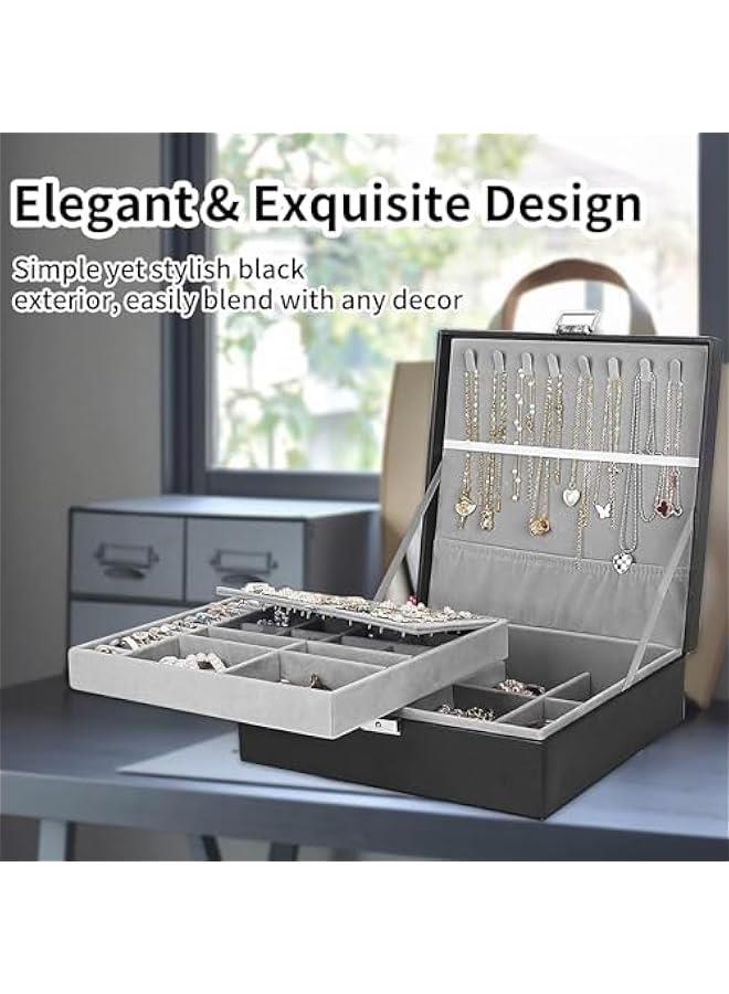 هوكور صندوق مجوهرات، صناديق مجوهرات للنساء والرجال من جلد البولي يوريثين، حقيبة تخزين منظم مجوهرات كبيرة من طبقتين مع قفل، للقلائد والاساور والاقراط والخواتم، صندوق منظم مجوهرات هدية مثالية، اسود - Image 5