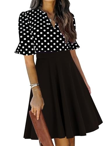 Mokayee Polka Dot Dresses for Womens 2025 Funeral Summer Short Sleeve V Neck Sunday Church Modest Semi Formal Cocktail A-line Dinner Petite Swing Business Casual Professional Office Ladies Dress M - Image 1
