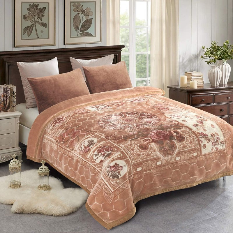 JML 10 Pounds Heavy Plush Soft Blankets for Winter, Korean Style Mink Velvet Fleece Blanket - 2 Ply A&B Printed Raschel Red Blanket, Khaki Floral - Image 1