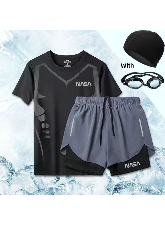 Generic All-suit Swimsuit Men's And Women's Anti-walking Flat Angle Swimming Trunks Sports Running Surfing Beach Hot Spring Three-part Trousers For Foreign Trade-Color:Black Elite Suit [nasa] With Swimming Goggles And Cap-Size:3xl 72.5-80kg  - Image 3
