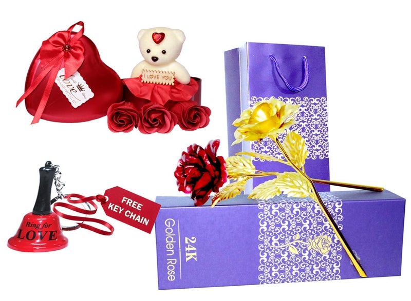 RSP Quality bit ® Artificial Roses and Tiny Teddy and Roses in Heart Shape Box with Key Chain (Multicolour) - Image 1