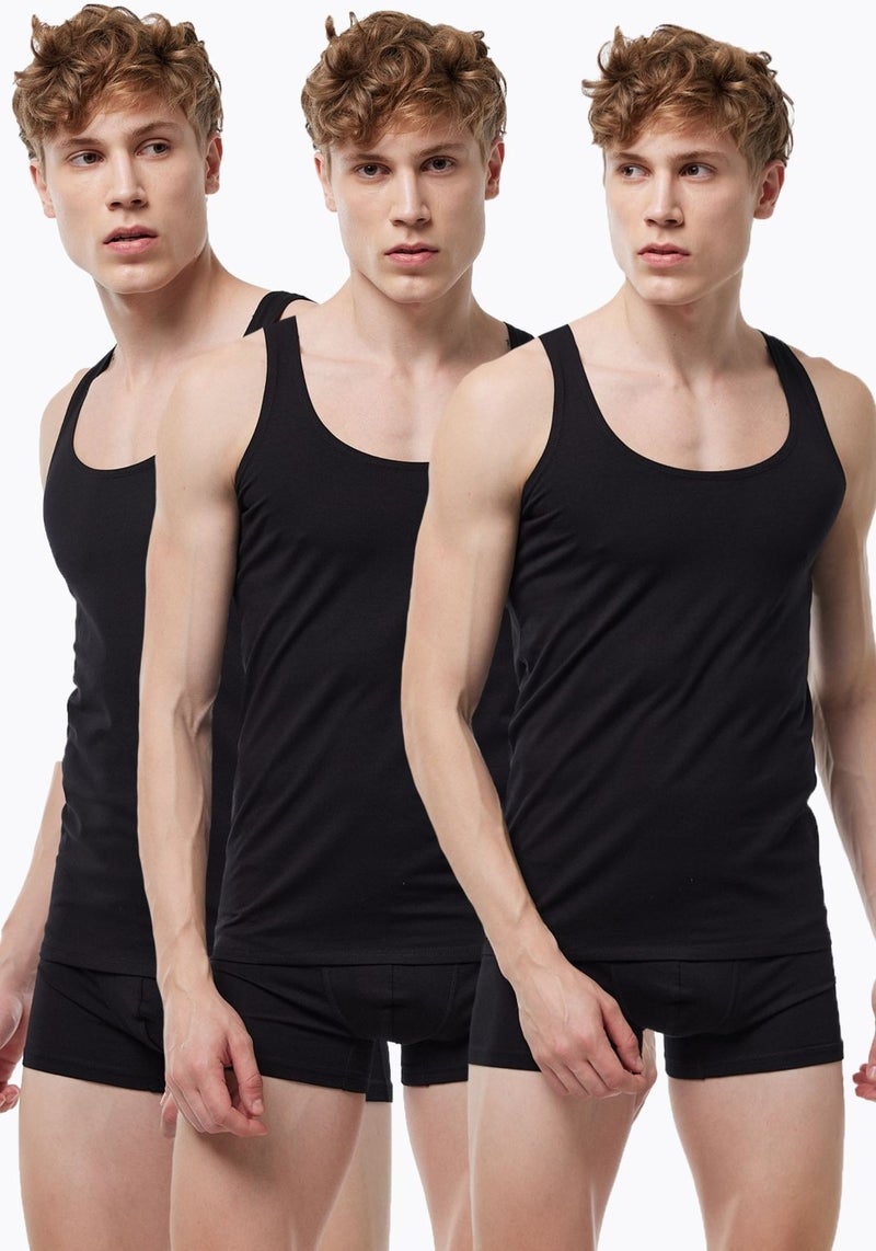 Malabadi Men's 3 Piece Black Thin Strap Non-Trace Modal Undershirt 013 3M013  - Image 1