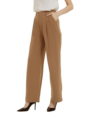Tronjori Women High Waist Casual Straight Leg Long Business Work Suit Dress Pants Wide Leg Trousers Regular Waistband(4,Camel) - Image 1