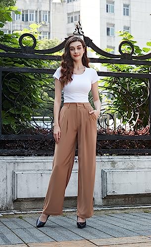 Tronjori Women High Waist Casual Straight Leg Long Business Work Suit Dress Pants Wide Leg Trousers Regular Waistband(4,Camel) - Image 4