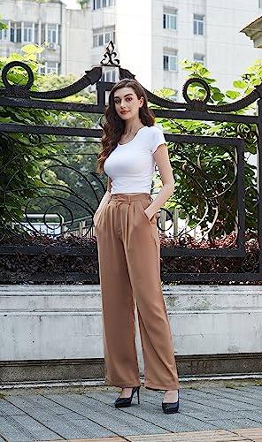 Tronjori Women High Waist Casual Straight Leg Long Business Work Suit Dress Pants Wide Leg Trousers Regular Waistband(4,Camel) - Image 3