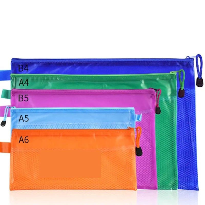 Goldleaf Mesh Zipper File Bags – PVC Waterproof Double-Layer Document Pouch Folder Holder for Office, School & Travel – Multi-Colored B4/B5/A4/A5/A6 Size Clear Plastic Storage Bags – Pack of 5 - Image 1
