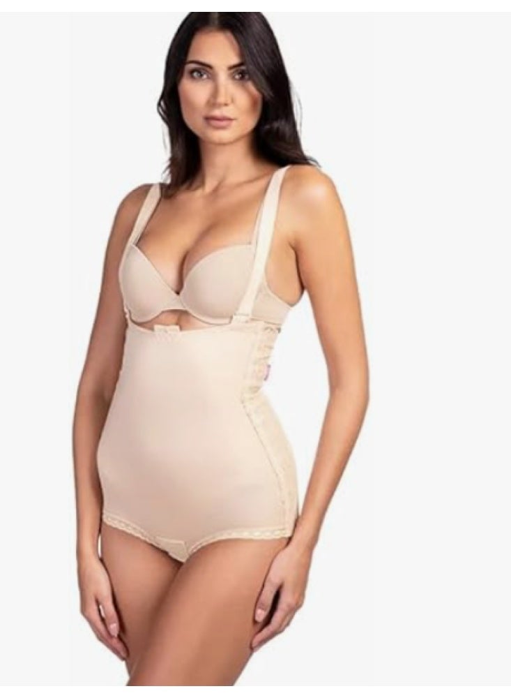 HT Women's high-waisted tummy corset with side zippers and support straps, body corset to shape the abdomen and waist for daily use, HT, beige, S - Image 1
