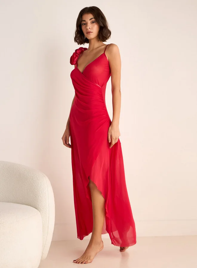 سبلاش فيڤ قميص نوم شفاف مزين بتطريز الزهور بأشرطة