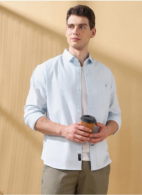 Men's Light Blue 100% Cotton Solid Pattern Button Down Regular FiT-Shirt