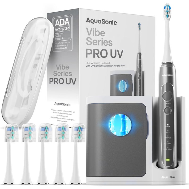 Aquasonic Vibe Series PRO – Ultra-Whitening Electric Toothbrush – 5 Modes & Smart Timers – UV Sanitizing Base – ADA Accepted (Charcoal Metallic) - Image 1