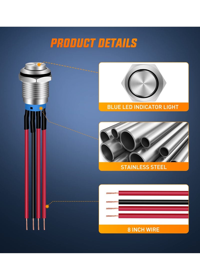 KASTWAVE Push Button Switch,12mm with Pre Wired Harness 12V 24V Stainless Steel Self Locking Latching, Push Button Latching Switch, Waterproof Pushbutton Switch Self-locking Marine Switch (5PCS) - Image 4