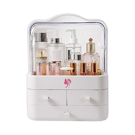 IMUU Makeup Organizer Cosmetic Box, Transparent Display with 3 Drawers and Portable Handle, ABS Plastic Material, Waterproof Dustproof Can Be Storage Box for Jewelry Skin Care Bedroom, Travel (White) - Image 1