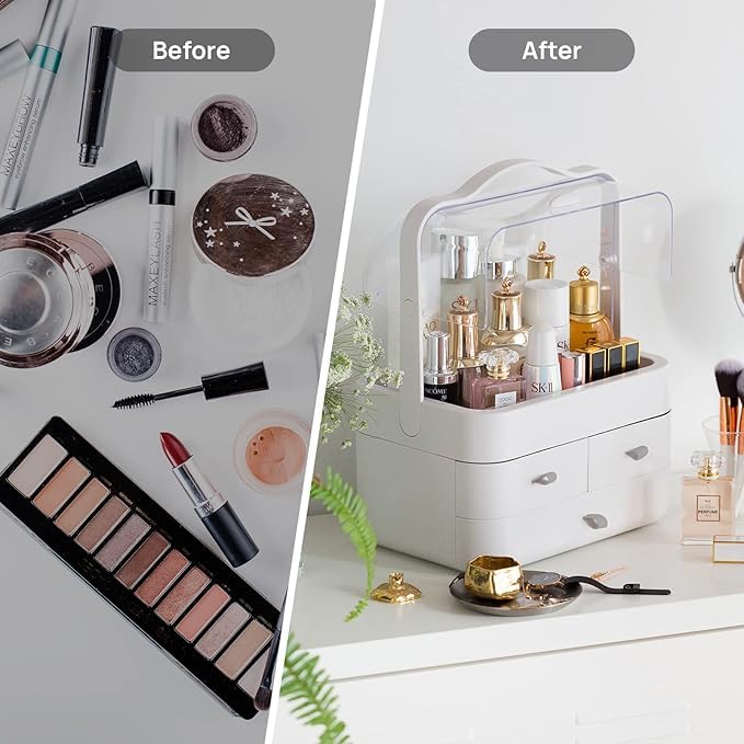 IMUU Makeup Organizer Cosmetic Box, Transparent Display with 3 Drawers and Portable Handle, ABS Plastic Material, Waterproof Dustproof Can Be Storage Box for Jewelry Skin Care Bedroom, Travel (White) - Image 5