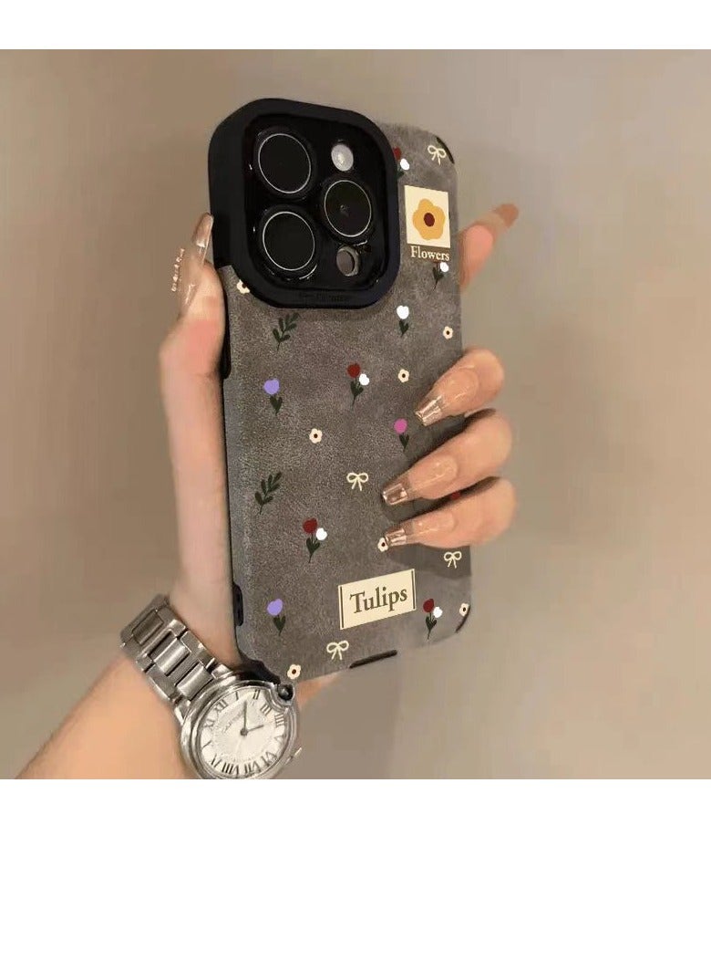 NIBEMINENT Minimalist Small Floral Pattern Protective TPU Case Cover For IPhone 16 Pro, Gray