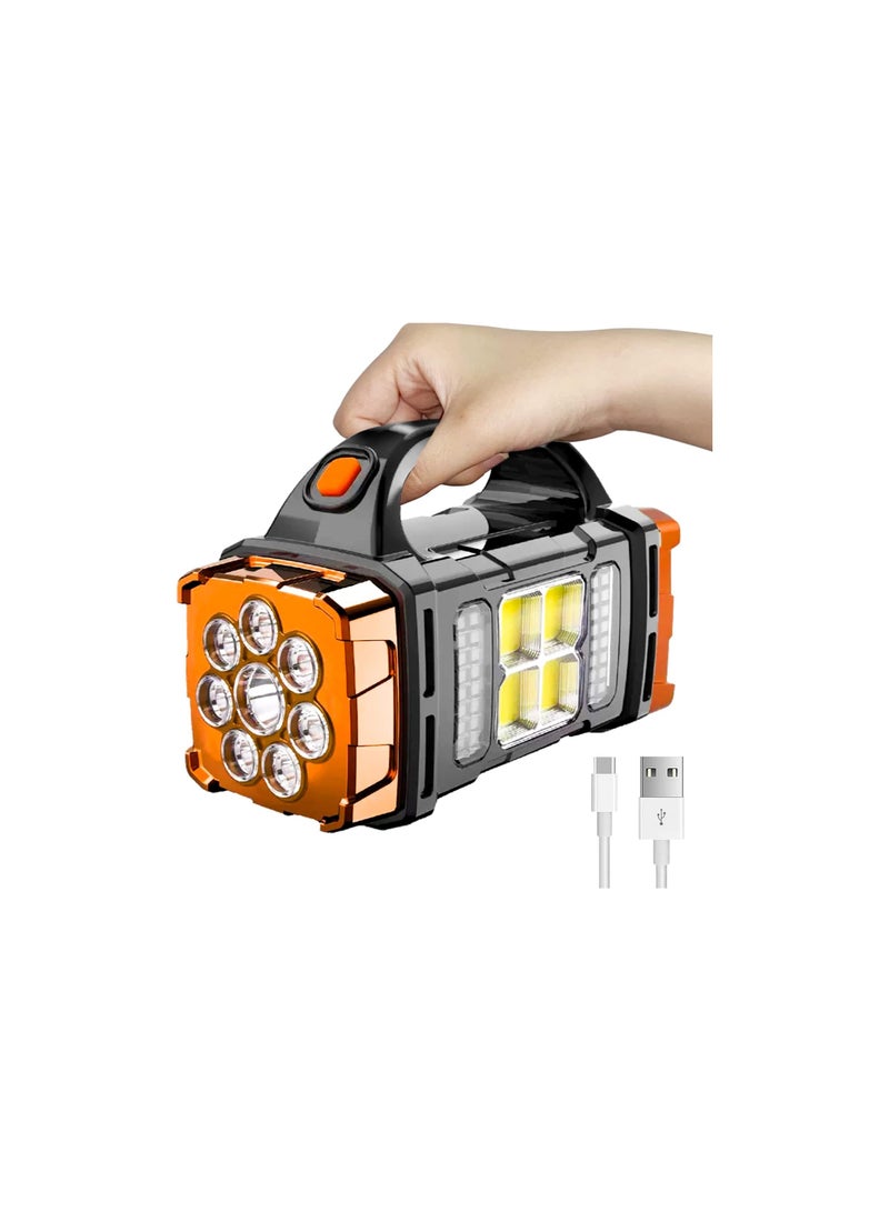 Generic Rechargeable Handheld Flashlight, High Brightness LED, Solar Panel 4 Lights 8 Modes IPX4 Waterproof Handheld Spotlight for Home Power Failure Outdoor Camping Hiking Emergency (Orange) - Image 1